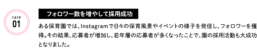 フォロワー数を増やして採用成功 ある保育園では、Instagramで日々の保育風景やイベントの様子を発信し、フォロワーを獲得。その結果、応募者が増加し、若年層の応募者が多くなったことで、園の採用活動も大成功となりました。