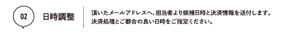 02 日時調整 頂いたメールアドレスへ、担当者より候補日時と決済情報を送付します。決済処理とご都合の良い日時をご指定ください。